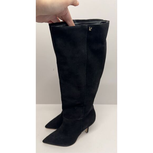 Larroude Knee High Boots Black Suede Size 10 Pointed Toe High Heel Leather Sole - Picture 5 of 11